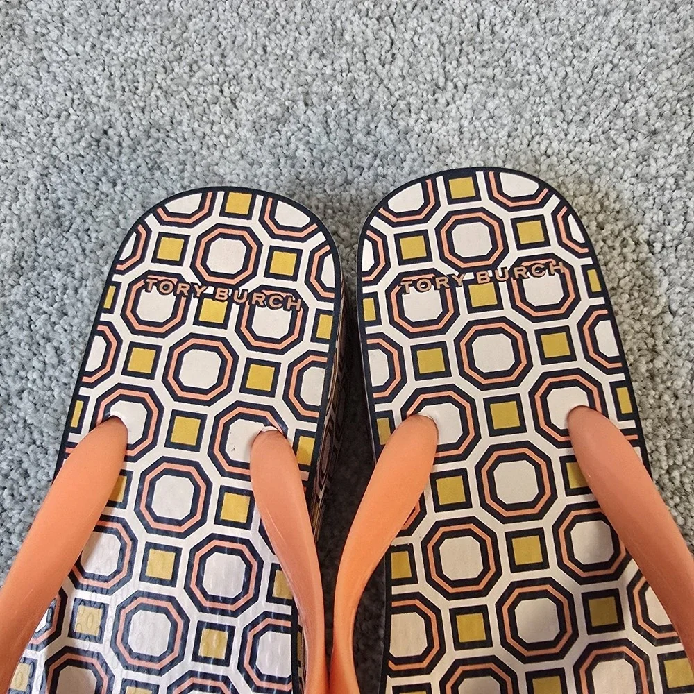 Tory Burch Cutout Curved Wedge Flip‎ Flops Fresh Melon Ballet Pink Octagon Used